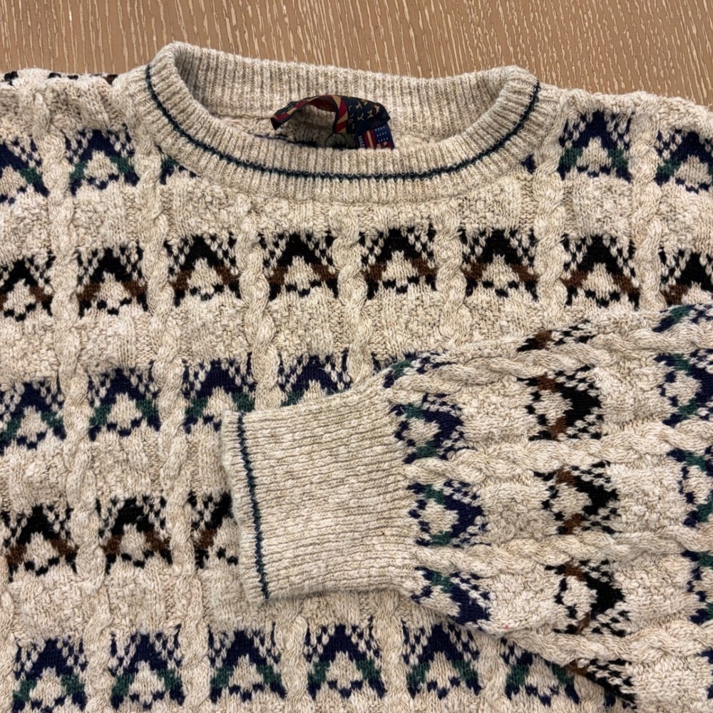 American Priority Mens XXL Vintage‎ Cable Knit Sweater Geometric Made  USA Cream